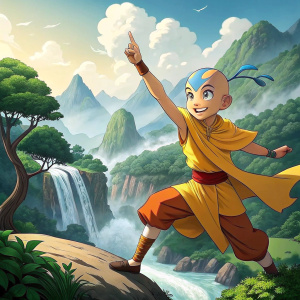 Avatar Aang, youthful, bald with a blue streak in hair, posing energetically. Yellow and orange attire. Vibrant 3D animation set against a lush green landscape with waterfalls and mountains.