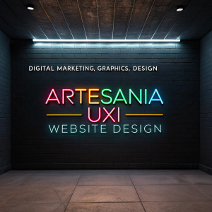 Dark, sleek backdrop with Artesania UXI Website Design logo. Services highlighted in neon lights: digital marketing, graphics, and design