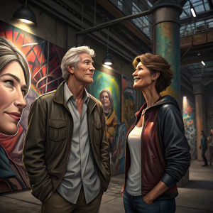 Richard Gere and Carey Lowell at a gritty urban art exhibit. Dressed casually, standing in front of large graffiti murals.
