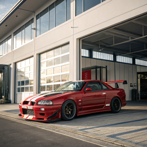 A sleek red Nissan Skyline GTR R34, adorned with racing stripes, parked outside a modern workshop. The sunlit outdoor scene showcases the car's racing parts.