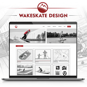 Website preview for Wakeskate Design. Minimalist black and white theme. Large red logo at top. Detailed illustrations in black and white. Sleek, organized layout with tabs.