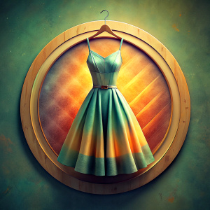 creates women's dress hanging on a wooden hook inside a golden circle