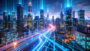 A futuristic data stream flowing through a digital cityscape, glowing neon lines and nodes, skyscrapers made of circuit boards, reflecting light, dynamic movement, ultrarealistic, photography