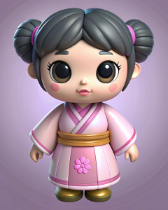 muñeca adorable con caracteristicas asiaticas con vestuario asiatico y peinado asiatico con colores pasteles y aspecto adorable y redondo y ojos asiaticos