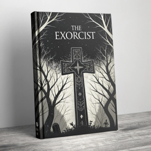Book cover design for 'The Exorcist'. A large, ominous cross with intricate, grungy details in shades of black and white. Modern and artistic aesthetic.