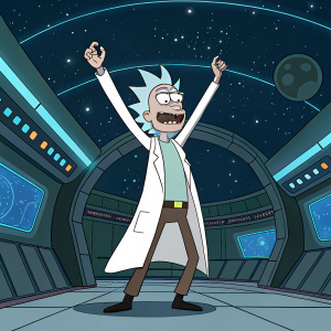 Rick Sanchez, from Rick and Morty, wearing a lab coat, standing in a futuristic space station, dramatically raising his arms