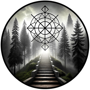 vegvisir runes geometric symbol - stairs and trees - tattoo design - perfect realistic art - high-definition - grey and black - white background 