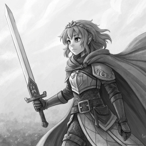 Digital painting, Freyja Aequitas, sword-wielding anime protagonist, detailed grayscale artwork.