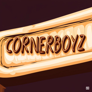 CORNERBOYZ logo. Neon-lit, graffiti style, black cursive text on a dark blue background