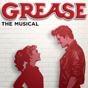 A promotional poster for Grease: The Musical. The image showcases a youthful couple in red silhouette against a white backdrop, with the title 'Grease' in bold red letters
