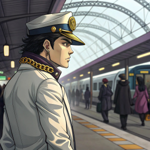 Digital art of Jotaro Kujo from JoJo's Bizarre Adventure. White jacket, iconic hat. Background: bustling train station.