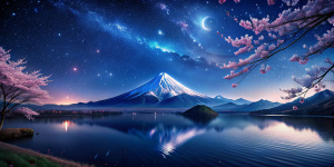 paisaje nocturno con estrellas, la luna, el  monte fuji con un lago ondulante y ramas de cerezo 