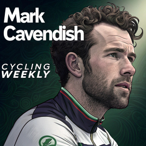 Mark Cavendish, intense stare, sporting a well-kempt beard and curly hair. Dark blurred background, quote from Cycling Weekly alongside his name