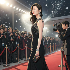 Jun Ji-Hyun, elegant actress, attending award ceremony. Wears sleek black dress with intricate detailing. Crowded event with flashing cameras