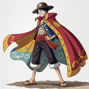 Luffy from 'One Piece' standing confidently. Pirate-themed attire with black hat and colorful cape. White background
