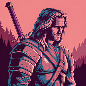 Geralt de Rivia, from The Witcher series, in a detailed anime-style illustration. Soft shading, long violet hair, and a resolute expression.