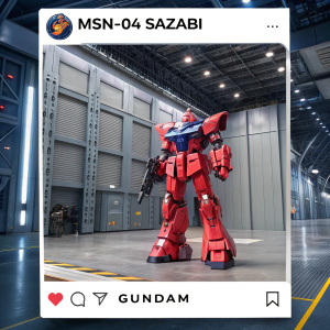 Instagram post featuring a handcrafted 3D model of MSN-04 SAZABI from Gundam. Set against backdrop of futuristic hanger. Text in Korean includes artist tags and series references.