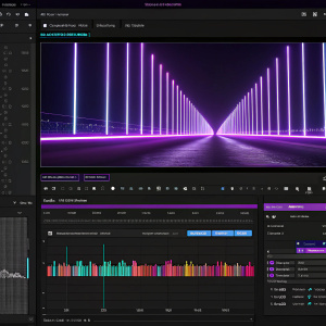 Screenshot showcasing Adobe After Effects software interface. Vibrant purple lines against black backdrop.
