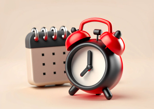 3d illustration. alarm clock and calendar in the foreground. bell rings from behind
