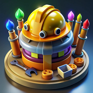 A birthday cake in the shape of a builder's helmet. It is decorated with lighted candles on the top, several different tools of a construction worker, a laptop and a smartphone