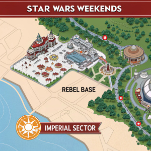 Interactive guide for Star Wars Weekends. Imperial Sector map featuring Rebel Base. Vibrant colors, detailed layout, event attractions, branded with Star Wars logo.