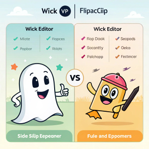 Side-by-side comparison infographic of Wick Editor and Flipaclip. Featuring stylized cartoon characters: a ghost for Wick Editor and a simple smiley face for Flipaclip. Bright, engaging visuals
