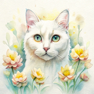 realistic bigeye white cat , yellow flower garden