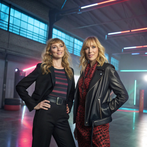 Imogen Poots and Toni Collette posing for promotional photoshoot. Dynamic backdrop featuring Energizer brand in a modern warehouse setting.