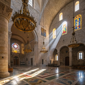 St. Nicholas Pellegrino Cathedral in Trani, Italy. Bright sunlight streaming through stained glass windows casting colorful patterns on the stone floor. Ornate golden chandeliers hanging from the vaulted ceiling. A photo capturing the serene atmosphere inside the ancient church.