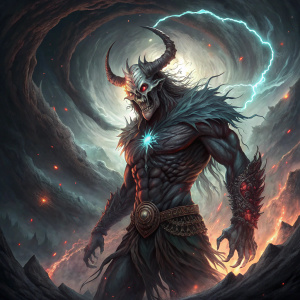 Agaliarept, a fearsome demon from Norse mythology, with a jagged horned skull and muscular physique. Standing in a swirling vortex of cosmic chaos.