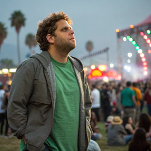 Jonah Hill, Caucasian actor with curly hair and stubble, in a crowd. He wears a green t-shirt and gray jacket. Festival event scene.