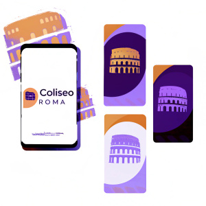 Marketing materials for Coliseo Roma featuring a modern and sleek design. Business cards and digital ads. Golden color scheme with a stylized Colosseum logo