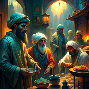 a group of Arab people were eating in the room, with dim lights ,
very little food
