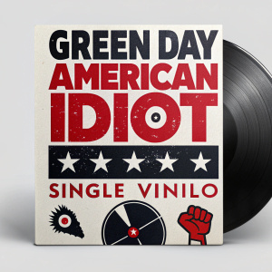 A sleek, modern vinyl album cover for Green Day's 'American Idiot'. The packaging features bold text 'Single Vinilo' in vibrant red against a crisp, white backdrop. The design is inspired by the band's iconic aesthetic.