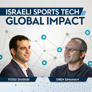 Infographic on sports tech innovation in Israel. Yossi Sharabi and Oren Simanian are highlighted. Network background with 'Israeli Sports Tech Global Impact' headline.