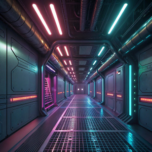 Futuristic digital rendering of a spaceship hallway. Neon lights illuminate grid flooring and overhead pipes.