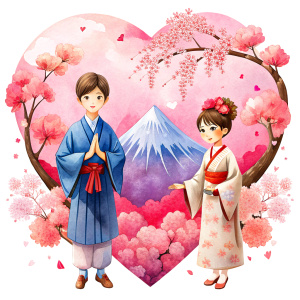 valentine,pink,liberty hold heart,white background,couple kids,kimono,fujisan