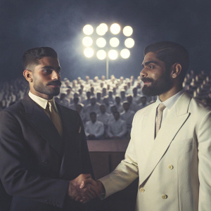 Virat Kohli and Mohammed Siraj in formal attire, standing in a crowded auditorium, shaking hands during award ceremony.