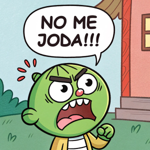 A comic strip featuring a green cartoon character with an angry face. The character is shouting 'NO ME JODA!!!!' in large letters.