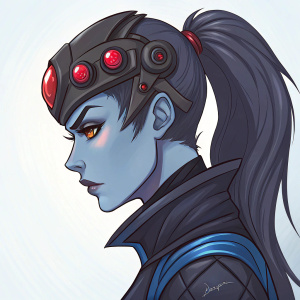 Digital artwork of Widowmaker from Overwatch, side profile view, intense gaze. Black and blue color scheme, red highlights on headpiece.