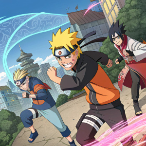 Digital artwork for Naruto to Boruto: Shinobi Striker video game cover. Dynamic scene with multiple characters in action pose.