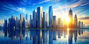 Picture of modern skyscrapers of a smart city, futuristic financial district with buildings and reflections , blue color background for corporate and business template with warm sun rays of light