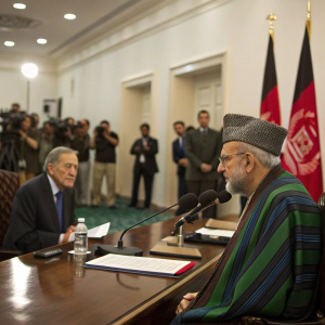 Formal meeting between Hamid Karzai and Donald Rumsfeld. Press conference