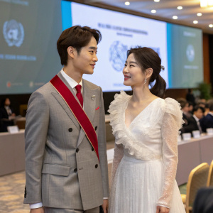 Min-Ho from SHINee and Kim Ji-Won at an international conference. Formal attire. Gray suit with crimson sash, snowy gown with ruffles.