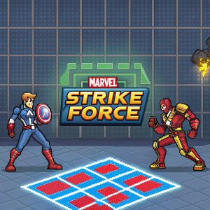 Pixel art of Marvel Strike Force, vibrant colors, grid pattern, Marvel logo