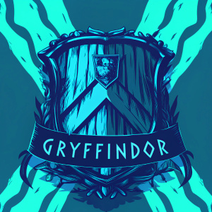 Modern logo for Gryffindor house from Harry Potter series. Dark green background with intricate patterns. Shield design in center with emblem. Text 'Gryffindor' below shield in clean font.