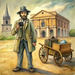 A man next to a cart, holding an old camera in his hands, and in the background of the museum