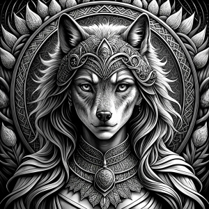 Nordic Godness Ylva She-Wolf - perfect realistic art, high-definition grey and black, white background tattoo design