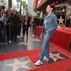 Rose McGowan at the Hollywood Walk of Fame unveiling. Wearing a casual denim jacket and jeans. Crowds cheering around her.