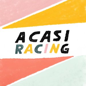Conceptual logo for F1 team Acasi Racing. Modern sans-serif font reads 'ACASI RACING'. Design on red and white backgrounds, bold and simple.